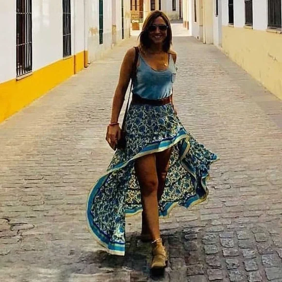 Bohemian gypsy Blue high low Floral Ruffle Maxi Skirt - Picture 9 of 11